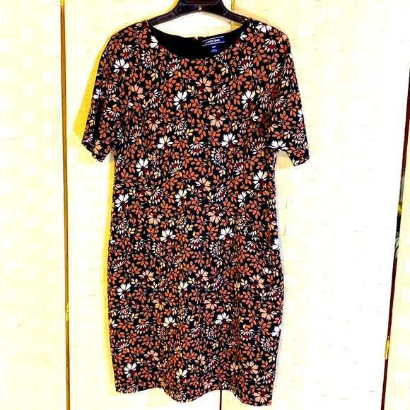 LANDS’ END Size 12P Stretchy Sheath Dress BROWN BLACK CREAM FLORAL EUC - Picture 2 of 13